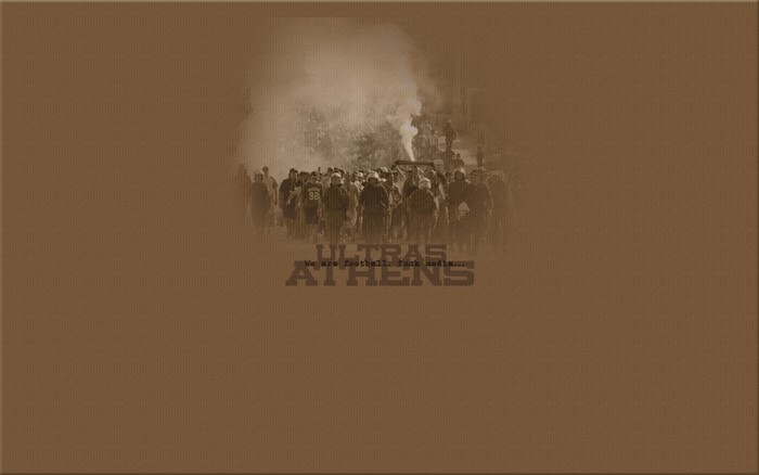 Ultras Athens crowd with flares and text