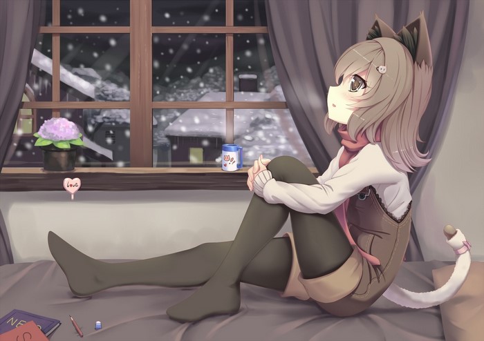 Quiet Winter Night with Cat Girl by the Window