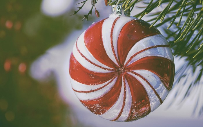 Red and white striped Christmas ornament on a tree