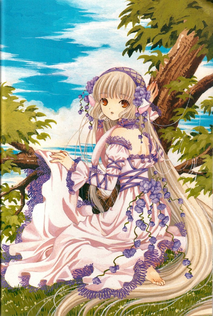 Anime girl with flowers in a tree