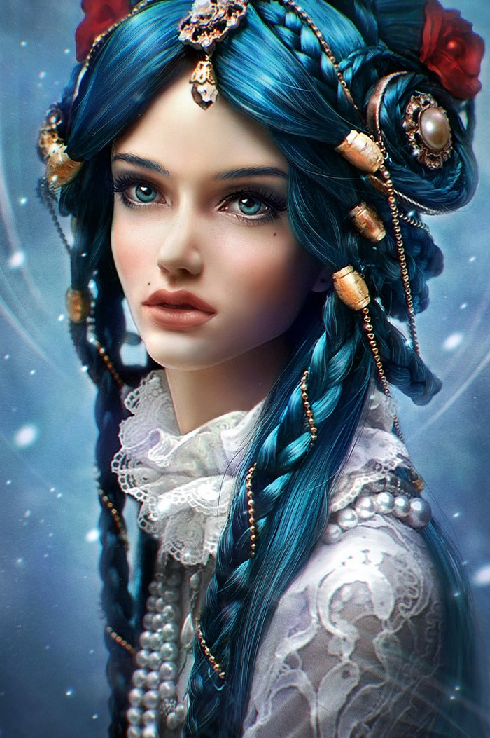 Woman with blue braided hair and ornate costume
