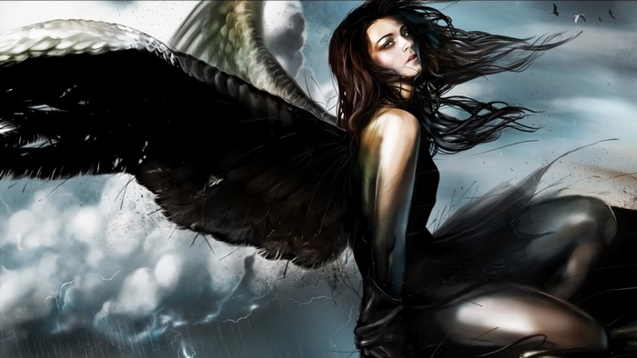 Dark angel with black wings in a stormy sky