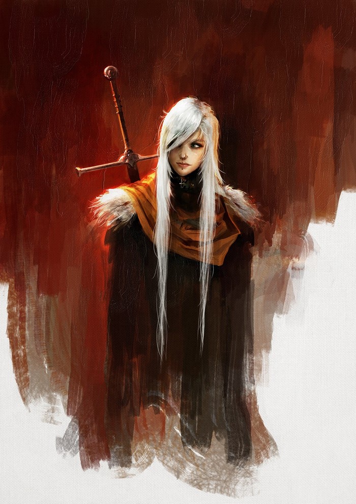 Fantasy warrior with white hair and sword