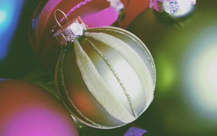 Close up of Christmas ornaments with glitter
