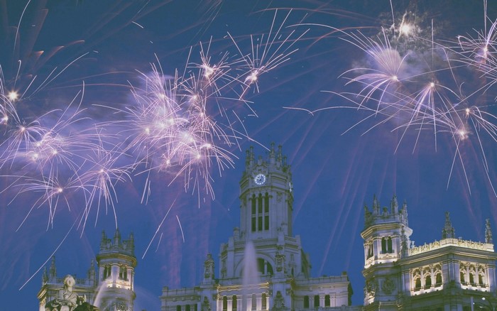 Fireworks over a historic building at night