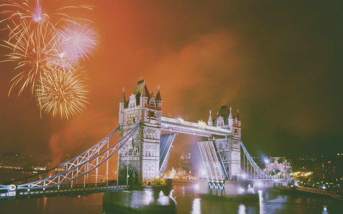 Tower Bridge London at night with fireworks