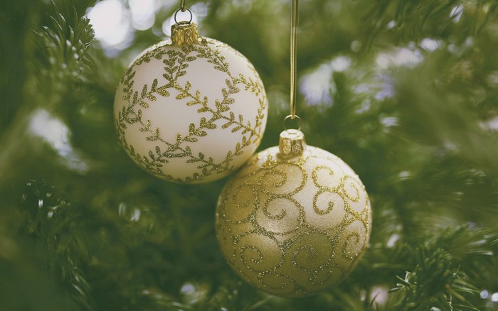 Christmas ornaments on a fir tree