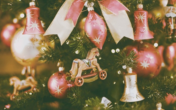 Christmas tree ornaments with bells and rocking horse
