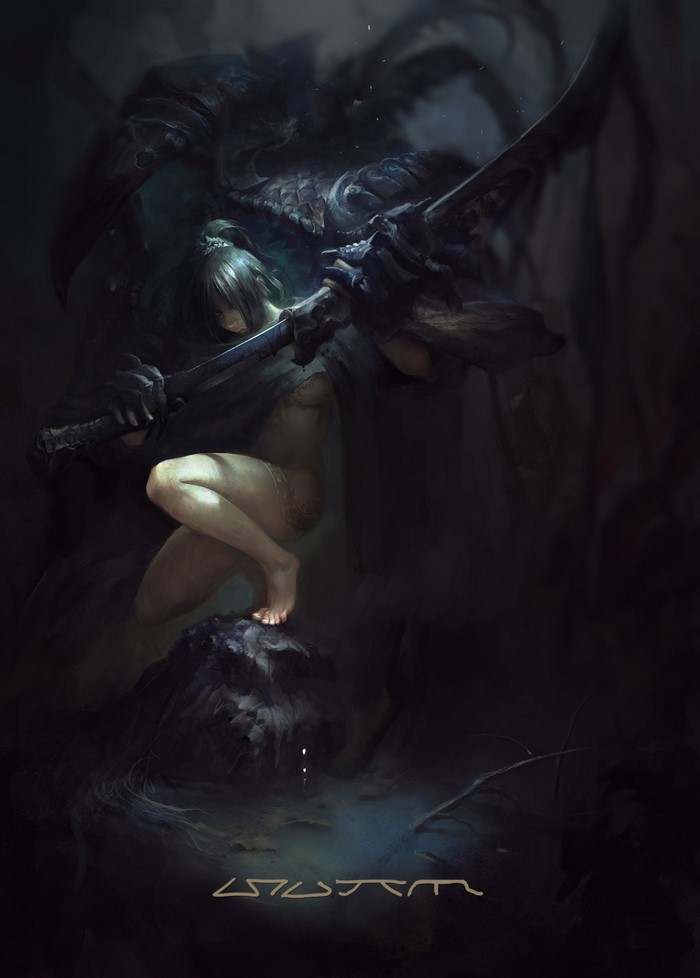 Artwork of a warrior woman with a sword and a dark creature