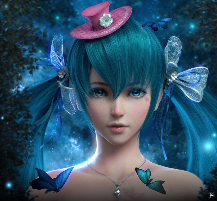 Anime girl with blue hair and pink hat
