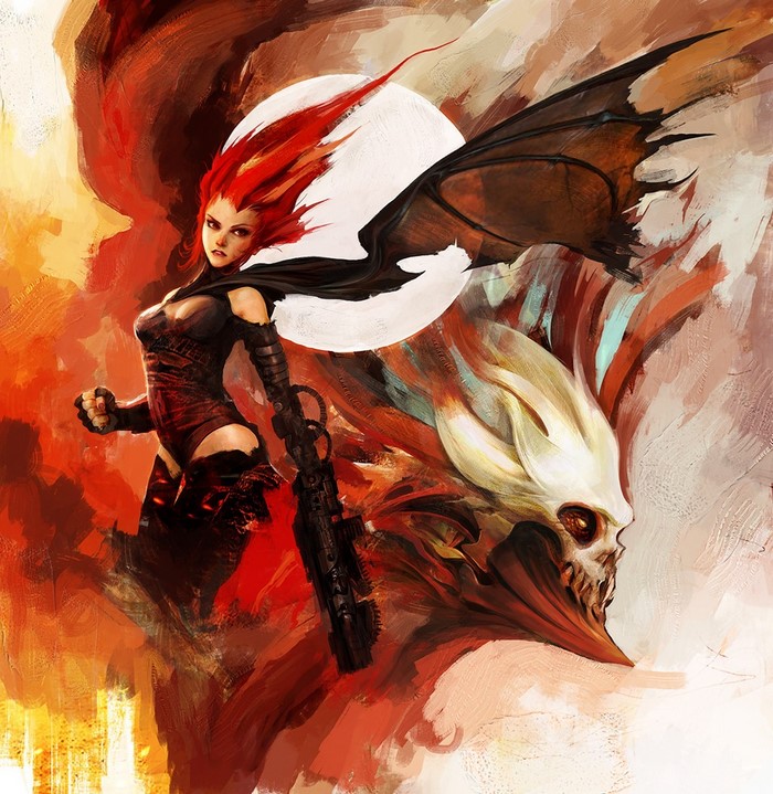 Illustration of a female demon with a gun and a skull
