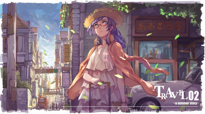 Anime girl with purple hair and glasses in a summer city