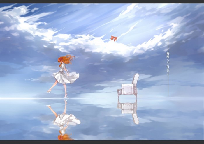 Sakura Chiyo from Gekkan Shoujo Nozaki-kun with a red ribbon in the sky