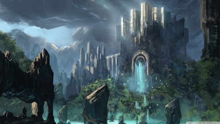 Fantasy castle with waterfalls and mountains