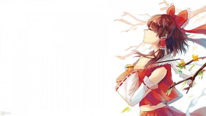 Hakurei Reimu from Touhou with red ribbon and branches