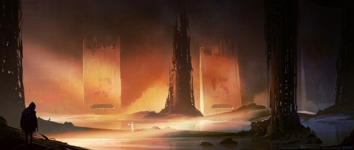 Fantasy art of a desolate landscape with tall structures