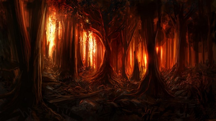 Digital painting of a burning forest with glowing trees