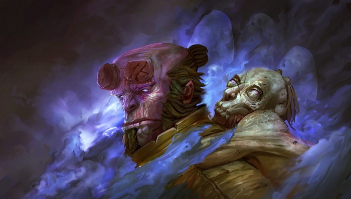 Hellboy and a creature in blue smoke