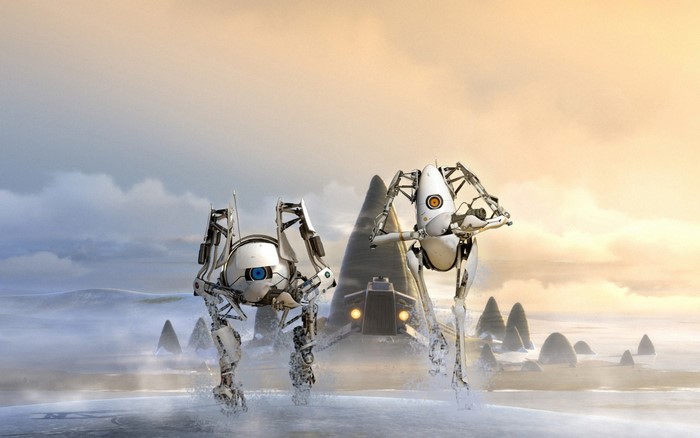 Two robots from Portal 2 in a winter landscape