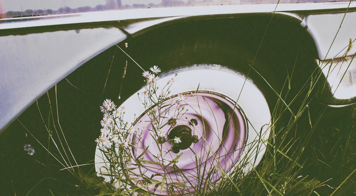 Close-up of an old car wheel with flowers