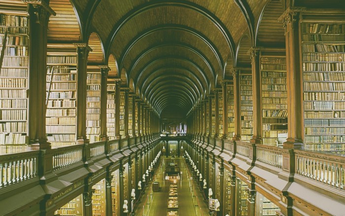 Long library aisle with arched ceiling and bookshelves