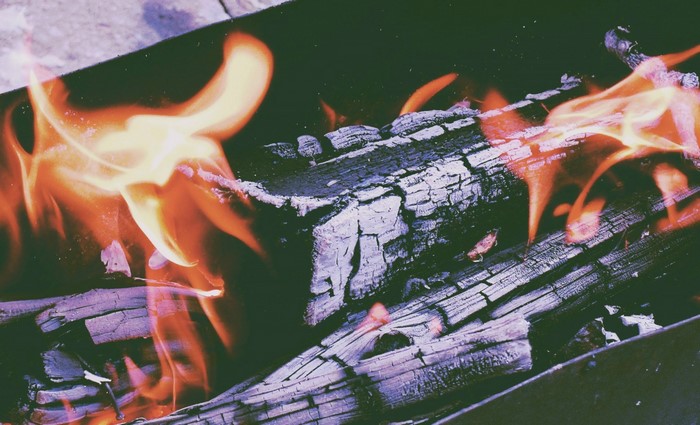 Close-up of burning logs with orange flames