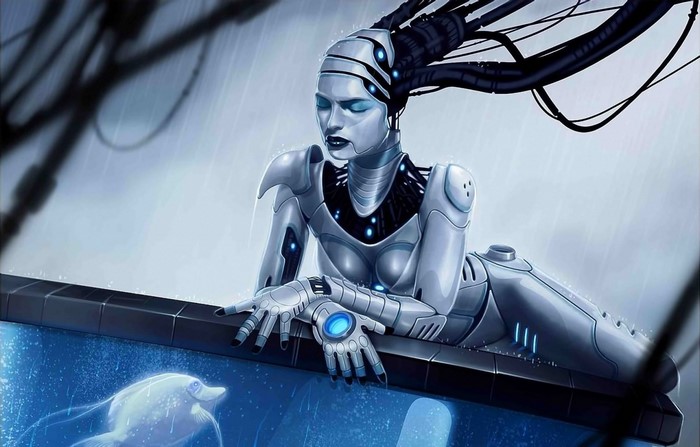 Robot woman looking at a fish in a tank