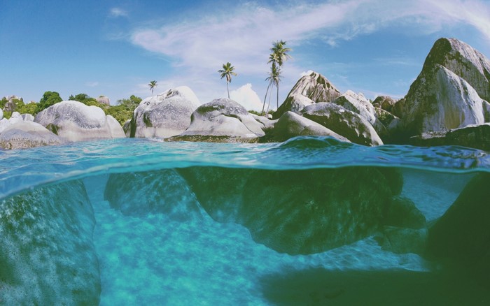 Split view of tropical beach with boulders and palm trees