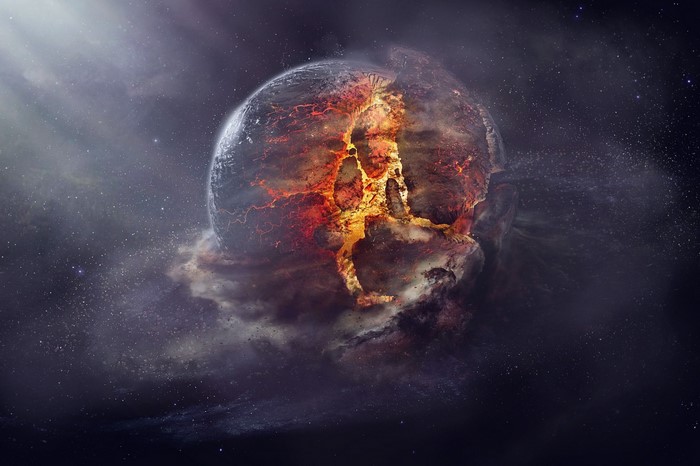 Exploding planet in outer space with nebula