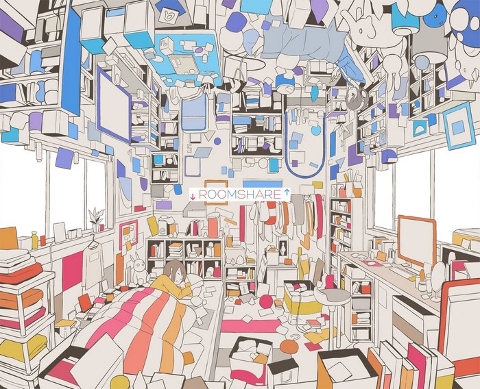 Anime room illustration with upside down elements