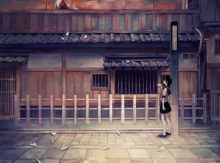 Anime girl with paper planes in front of a traditional Japanese house