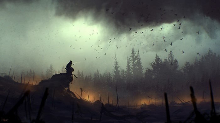 Man smoking pipe in misty forest with birds flying