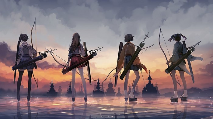 Kantai Collection girls with bows and battleships at sunset