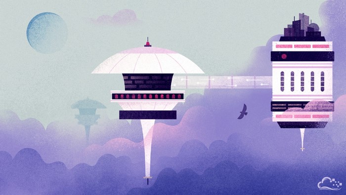 Futuristic city in the clouds with a bird