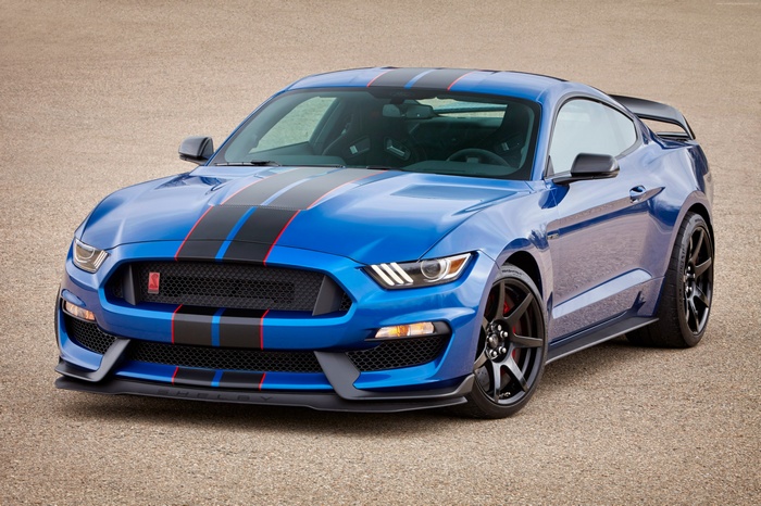 Blue Ford Mustang Shelby GT350 with racing stripes