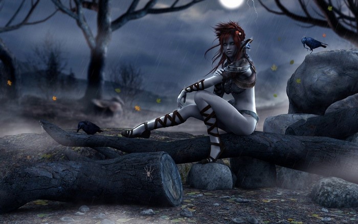Fantasy art of a woman sitting on logs in a dark forest