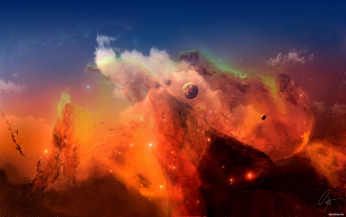 Digital art of a nebula with planets