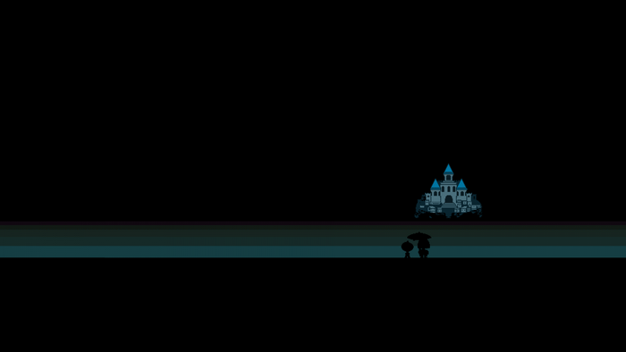 Undertale: Castle and figures under umbrella at night