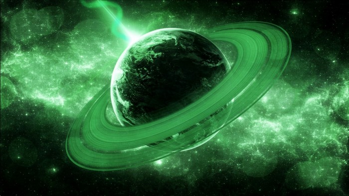 Green Glowing Planet with Rings in Space