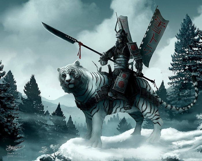 Samurai riding a white tiger with banners