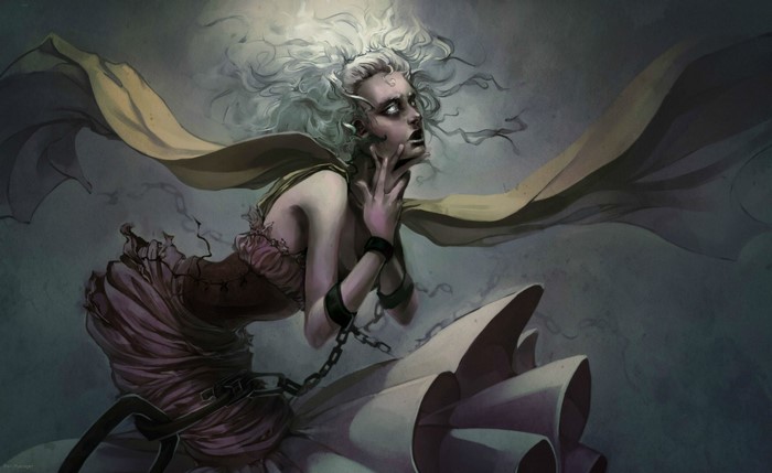 Illustration of a chained woman with white hair and tattered dress