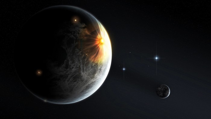 Planet with explosion and moons in space