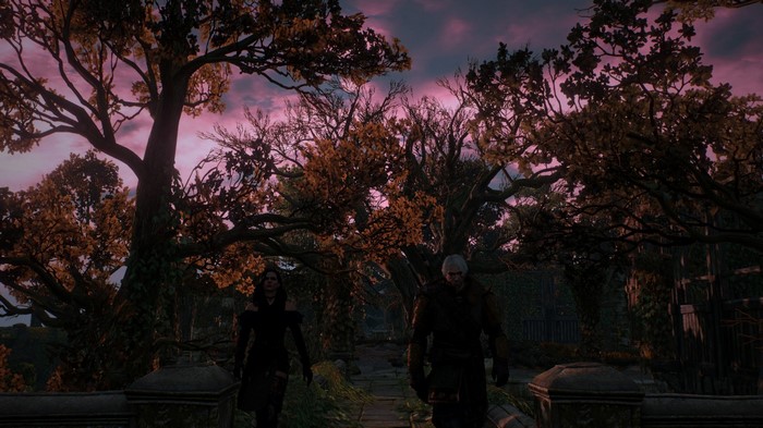 Geralt and Yennefer from The Witcher 3: Wild Hunt in autumn garden