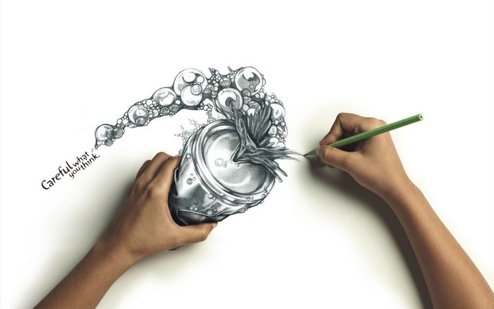Drawing of a soda can with bubbles and text