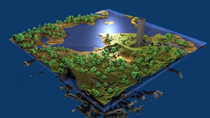 Minecraft island with a tower and trees