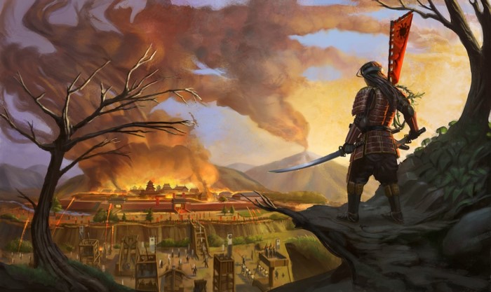 Samurai overlooking burning city with flag