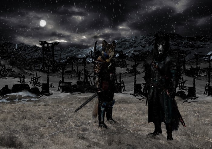 Two wolf warriors in a snowy, desolate landscape under moonlight
