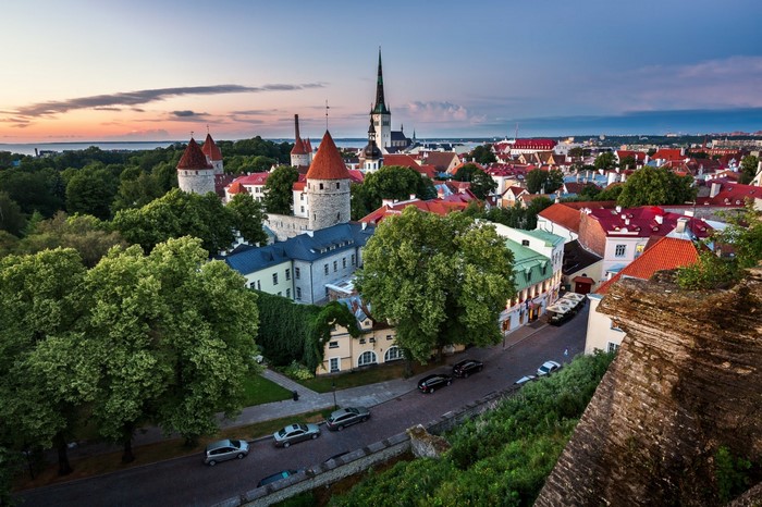 Aerial view of Tallinn, Estonia cityscape at dusk