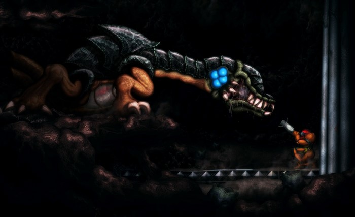 Samus Aran fighting a large creature in Metroid
