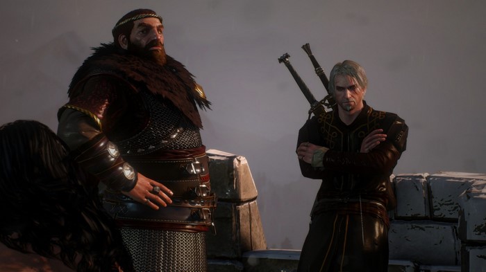 Geralt of Rivia and a Skellige warrior in The Witcher 3